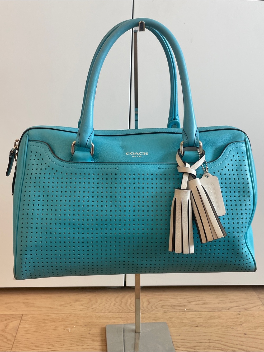 Coach Turquoise Leather Satchel Perforated Tassel Boston Bag Top Handle - Picture 1 of 14